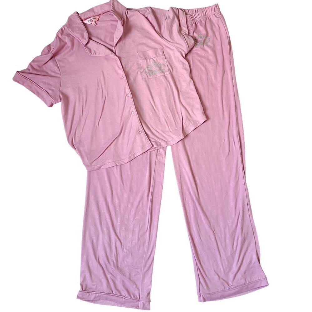 Juicy Couture Pink Pajama Set Womens Large Pants Collard Shirt Fall Winter Pjs - Picture 2 of 16